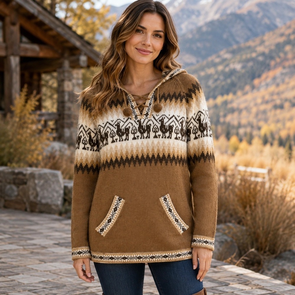 Alpaca Warehouse Brown Llama Knit Hoodie Sweater Lace Up Pom Pom Medium